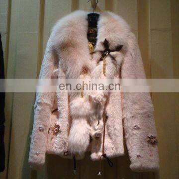 sheered rabbit fur coat with fox fur collar