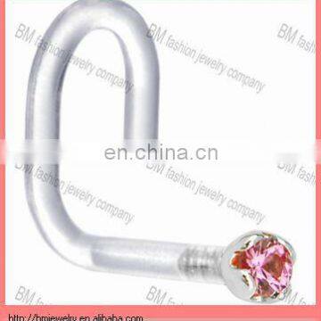 colorful pink gems Bioplast Nose Ring in bone screw design clear acrylic piercing jewelry rings