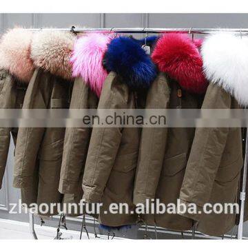 classic fashion long fur lined parka with raccoon fur hood