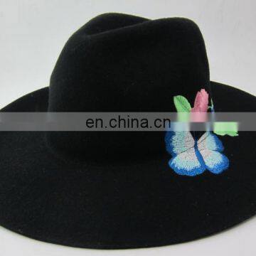 Black wide brim embroidery fedora hat