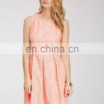 Best Quality Fashion Design Sleeveless Summer Burnt Out Pink Pleated A-line Skirt Women Dress