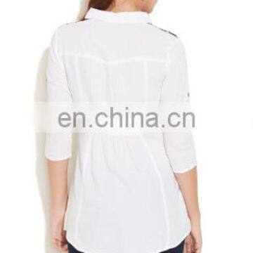 Adult Women's Fashion Lace Work at Shoulder Collar Neck Front Button Style High Quality Semi Sexy Sheer Sleeve Tops Lady Blouse photo-3