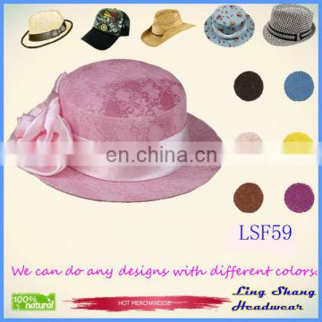 LSF59 Ningbo Lingshang Hot Sale Pink Flower ladies' Fabric Fedora Hat