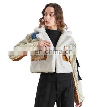 TWOTWINSTYLE  Winter Women Coat Woolen Lapel Collar Long Sleeve Patchwork Denim Hit Color Print Letters