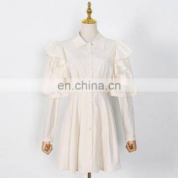 TWOTWINSTYLE Casual Patchwork Ruffle Women Shirt Dress Lapel Puff Sleeve High Waist Solid Elegant photo-6