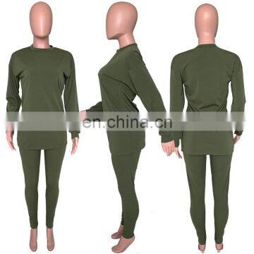 2020 Fashion Solid Color Women Long Sleeve With Legging 2 Two Piece Outfit Set photo-4