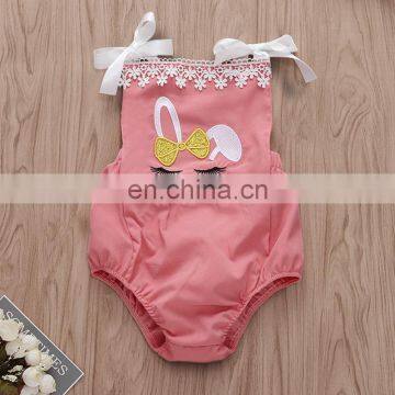 2019 Easter Day Pink Girls Flower Bunny Romper Gold Bow Lace Bodysuits photo-3