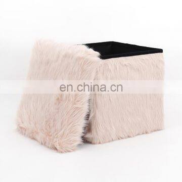 Customized Beautiful Pink Faux Fur Folding Storage Ottoman for Clothes for Living Room