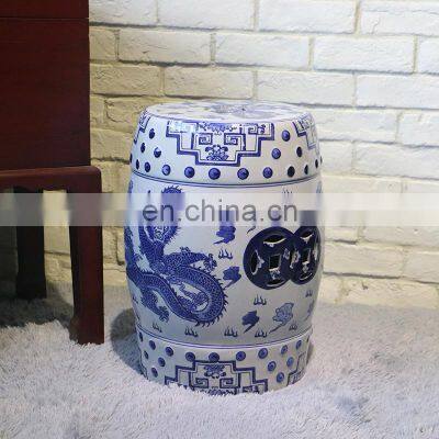 Antique Chinese Blue and White Porcelain Garden Stools With Dragon Design