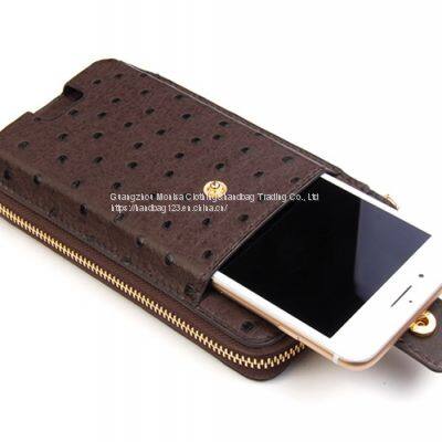 Handmade Leather Goods Ostrich Leather Zipper Mobile Phone Clutch Leather Long Wallet Customization photo-3