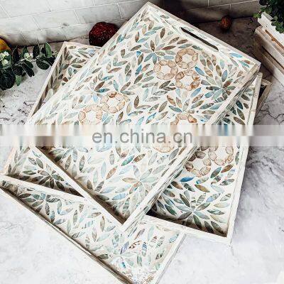 Set Of 3 Mother Of Pearl Inlaid Tray For Serving Hand Finishing Wholesale