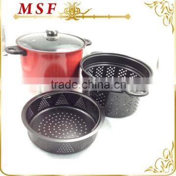 MSF-6427 carbon steel pasta pot with strainer pasta steamer set heat resistant painting on body non stick coating in pasta