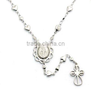 Heart Beads Rosary Chain Jewelry Guadalupe Virgin Mary Stainless Steel Christian Rosary Beaded Heart Hollow Cross Necklace