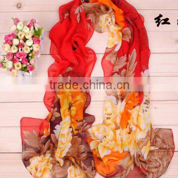 2016 Spring New Design Peony Print Long Style Chiffon Scarf for Woman photo-2