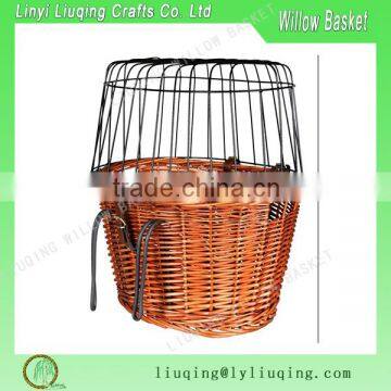 wholesale willow wicker dog bike basket dog carrier tote with Safety Cage Cover and hook