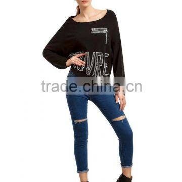 New Arrival Black Loose Style Batwing Sleeve Rhinestones Sweater photo-6