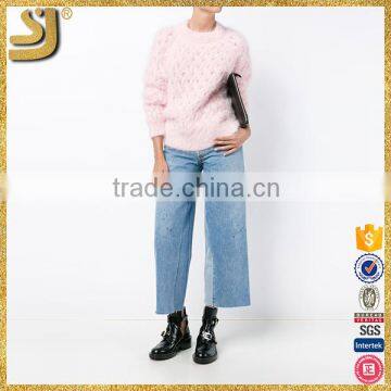 Pink Blended Thick Knitting Round Collar Buckles With Ultra Long Sleeves photo-2