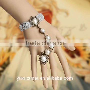 Pearl grey rose flower bud silk bracelet with ring pearl ornaments