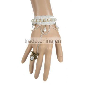 Charm Women White Lace Bracelet Inlay Pearl Lovely Tassel Butterfly Ring