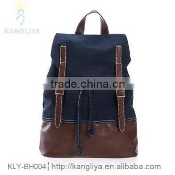 New arrival jean backpack travel canvas bag casual cowboy bags with contrast color, trim genuine leather, pu is optionable