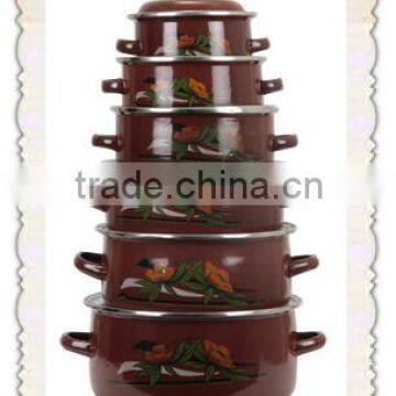 High Quality Dark Brown Colorful Decal Enamel Cookware Set Pot 6 Pcs Stock Belly Pot With Double Handle