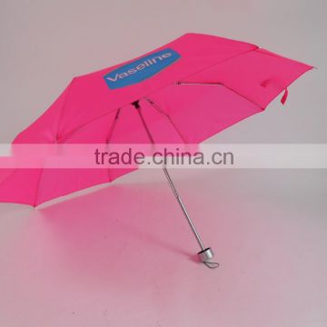 brilliant pink color umbrella 3 folding umbrella printing logo