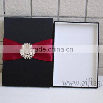 Black Color Silk Wedding Invitation Box With Crown Brooch Embellishment photo-4