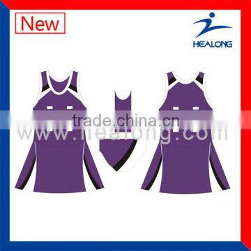 purple and white sublimation netball wear, breathable netball uniforms, cheap netball dresses