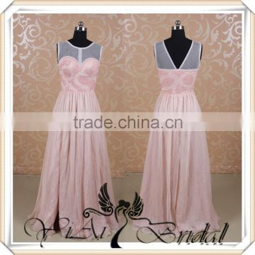 RSE239 Sleeveless Boat Neck Pocket Peach Color Chiffon Bridesmaid Dresses Side Slit