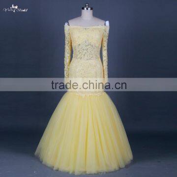 RSE682 Off The Shoulder Yellow Sexy See-Through Patterns Of Lace Long Sleeve Mermaid Evening Dress