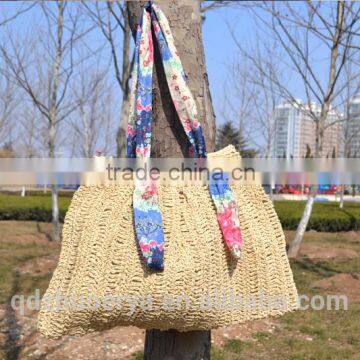 Paper Straw Color Women Beach Tote Bag With Cloth Handle