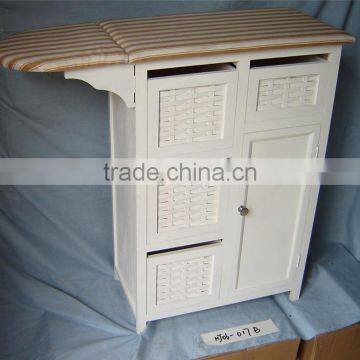 2016 FSC multi-function folding factory price home furniture foldable ironing board storage cabinet with wicker basket drawer