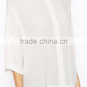 2015 New Fashionable Factory Point Collar Crinkle Oversize Blouse With Semi-sheer Woven Fabric photo-3