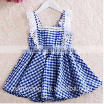 New arrival children clothes lace trim bule plaid kids clothing wholesale 100%cotton baby nice dress