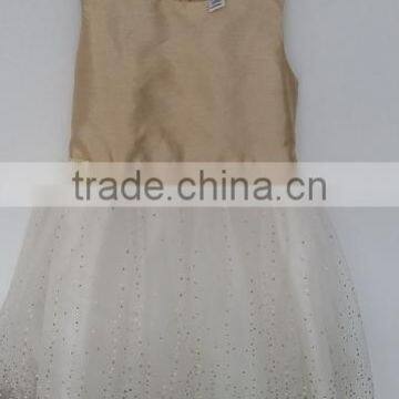 girls golden and white printed polyester dress for summer