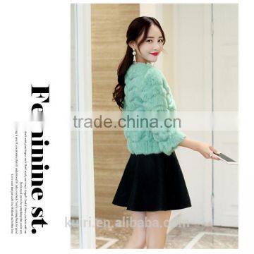 2016 New Women's Fashion Imitation Real Rabbit Fur Nine Quarter Sleeve O-neck Wide Strips Short Jacket Coat photo-6