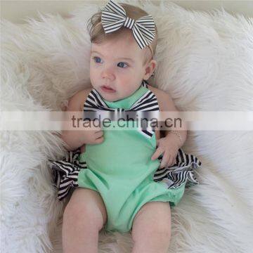 S33498W Kids Baby Girls Sleeveless Striped Bow Romper Offer-shoulder Straps Jumpsuit photo-2