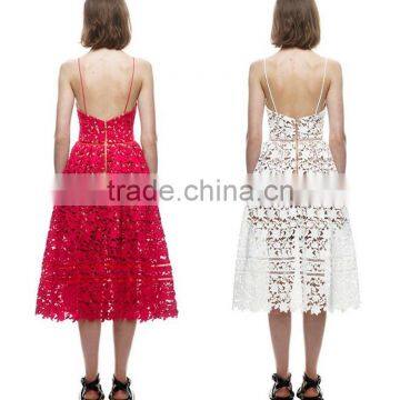 2016 New Handmade White Red Sexy Deep V-neck Flower Lace Dress Runway Elegant Dresses Hollow Out Long Dress Shoulder-Straps photo-2