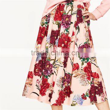 2017 OEM Spring Elegant Flower-printed Circle Skirt With Side Pockets photo-2