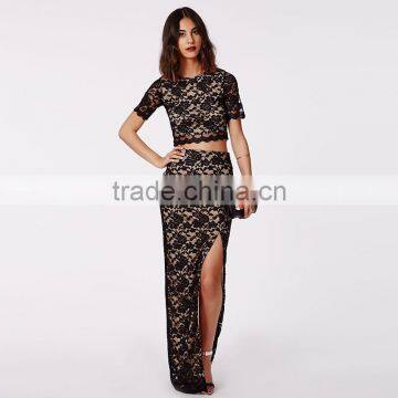 Women's Summer Rose Pattern Crop Top Shirt With Slit Long Skirt Suits photo-2