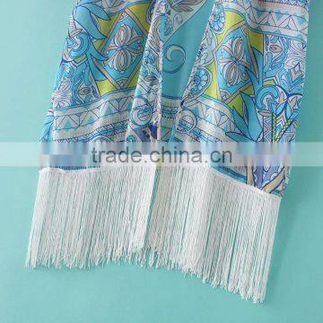 Women Beach Kimono Outside Blouse Chiffon Short Sleeve Sunscreen Tassel for Tops S6310004