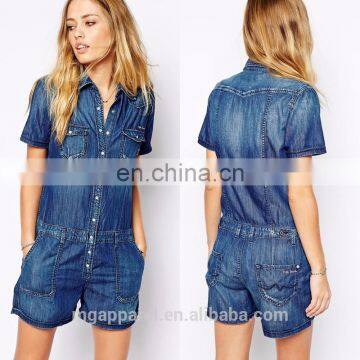 Fashion 2015 Denim Playsuit Side Pockets Jean Denim Romper for Ladies