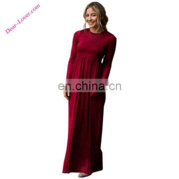 Burgundy Long Sleeve High Waist Maxi Jersey Dress