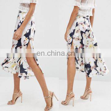 2017 Newest midi print swing high waist fashion skirt with side slit