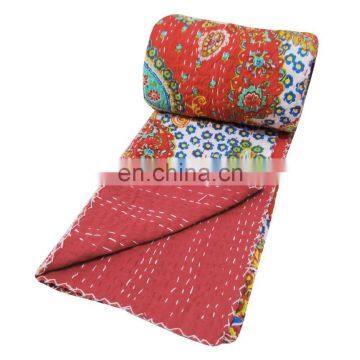 Decorative Kantha Quilt Indian Bedspreads Handmade Bed Cover Red Floral Blanket coverlet Gudari Decor Throw