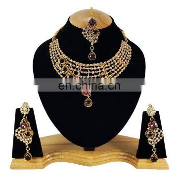 One Sided designer Purple Color Stone Gold Plated Kundan Zerconic Necklace Earrings Tikka