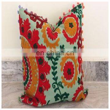 Pom Pom Vintage Suzani Cushion Cover Embroidered 16x16'' Indian Pillow Case