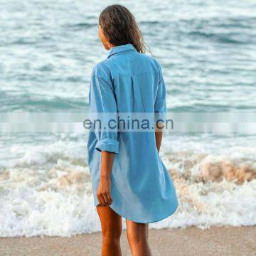 2019 Blue Casual Roll Up Sleeve Womens Tops and Blouses Plus Size Beachwear Women Shirts Blusas Mujer de Moda Blusas photo-4