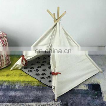 Pet Teepee Tent for Dogs Cats Portable Foldable Cotton Canvas Pets House Bed for Rabbit Puppy 4 Poles Pine Wooden with Floor Whi