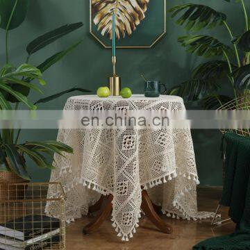 White Blend Fabric Handmade Crochet Hollow Square Table Cover Tablecloth With Tassel photo-2